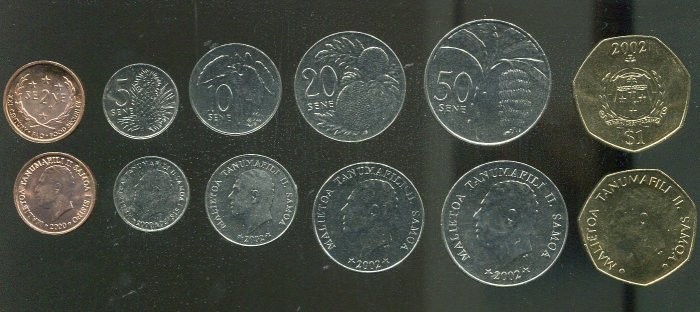 WEST SAMOA 6 coins set ，2000-2002，2,5,10,20,50,Cent 1 Dollar, UNC