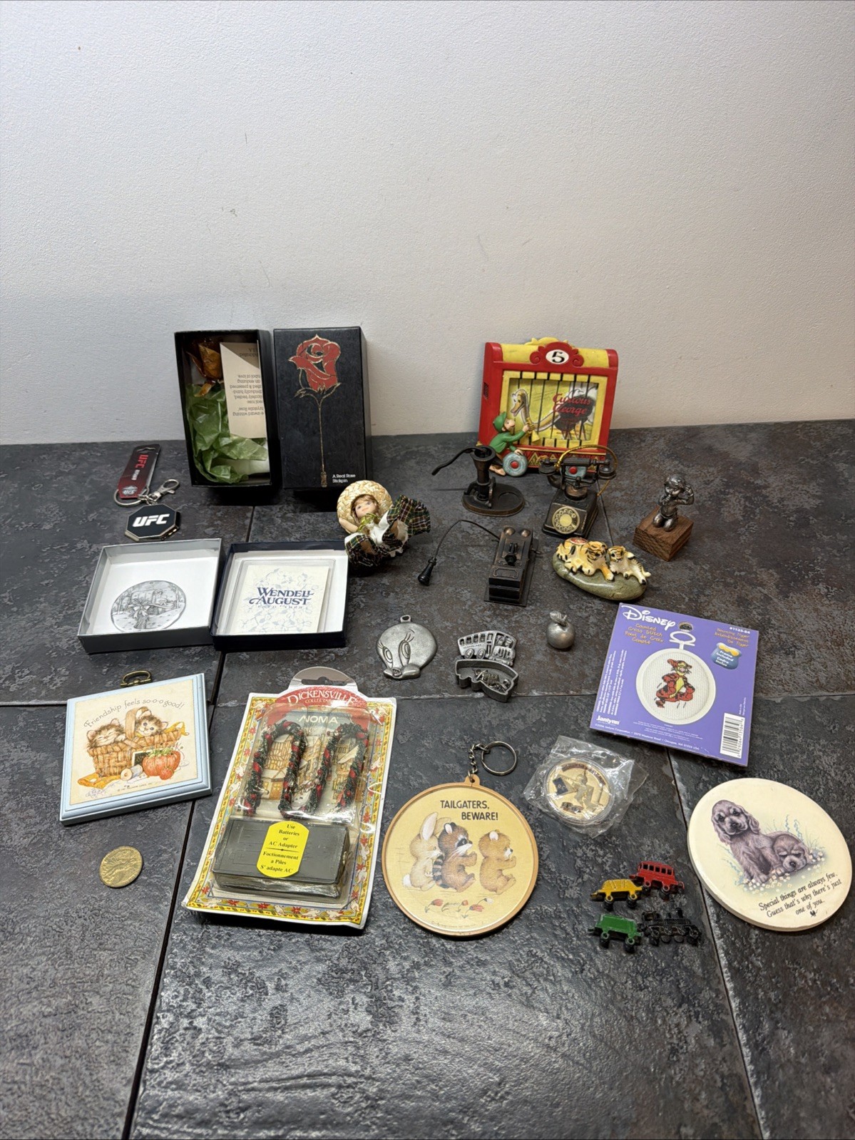 Vintage Grandpa / Grandma Junk Drawer Lot Miniatures Pewter , Odd Trinkets