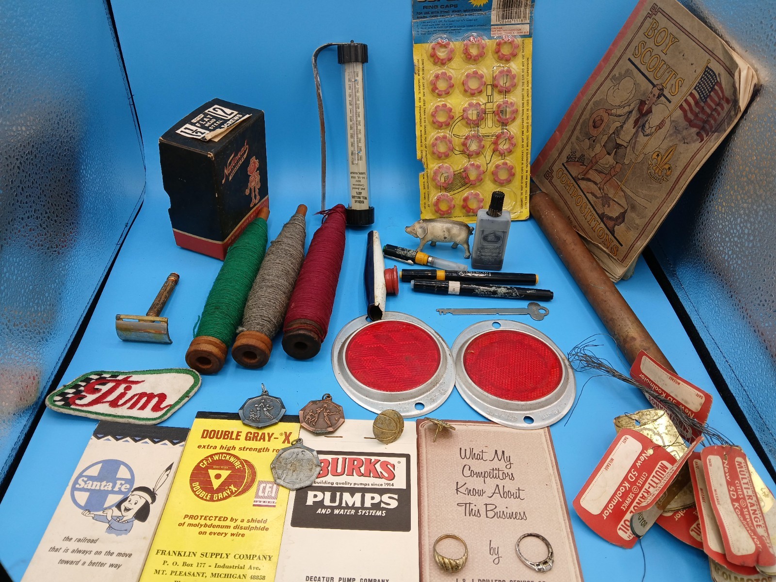 Vintage Estate Junk Drawer Lot Razor Advertising Sewing Sports Pins Misc