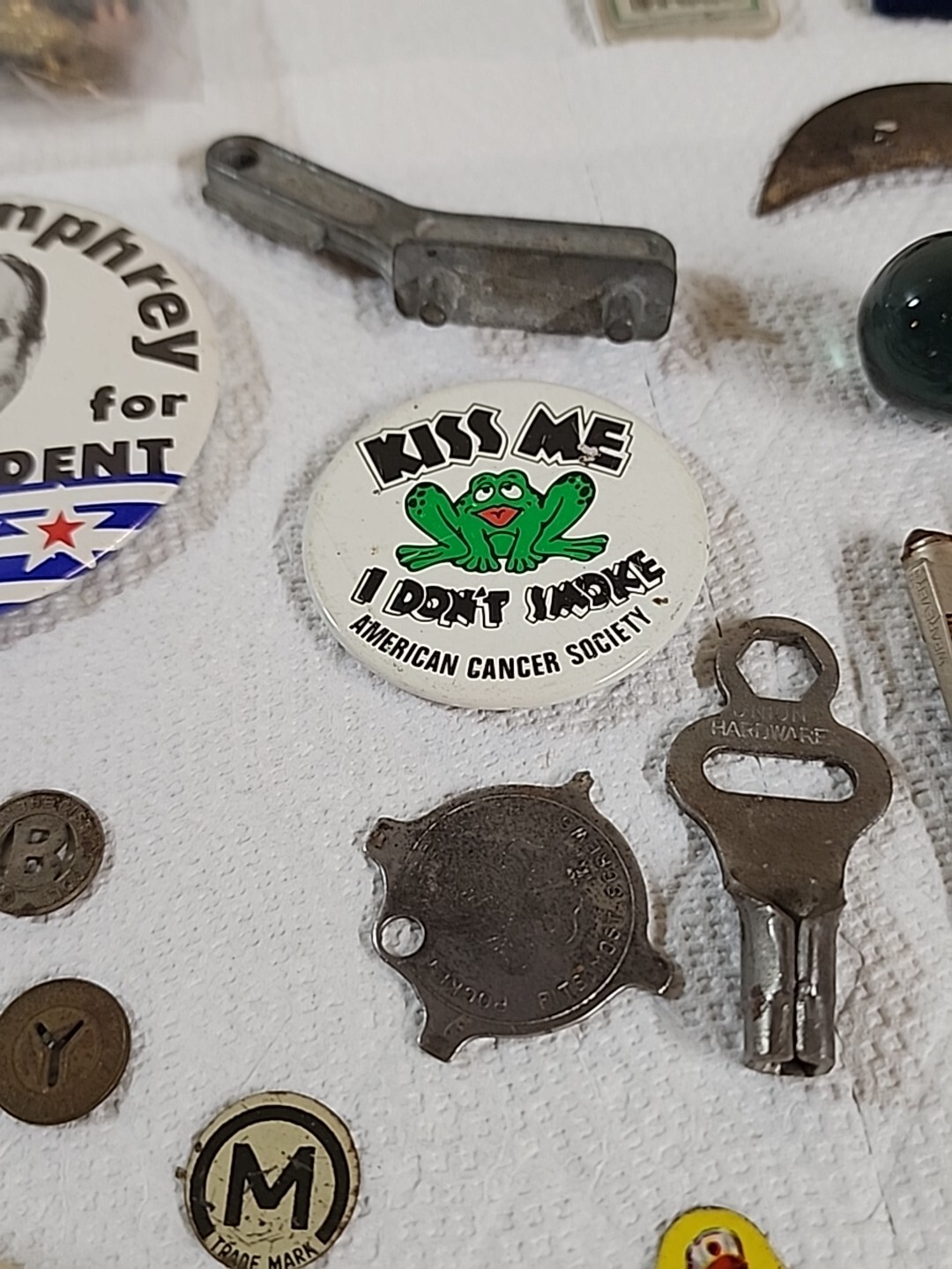 Junk Drawer Lot: Kodak Six 20 Camera Knives DC FD Buttons Fare Tokens Marble Pin