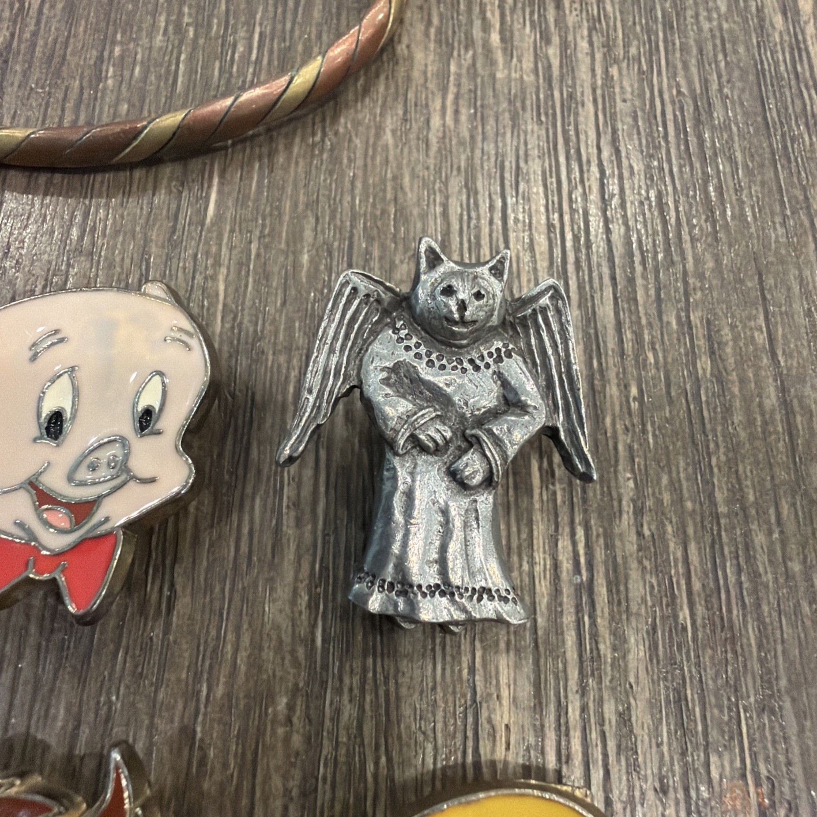 Junk Lot Looney Toon Pins Copper Bracelet Vintage Barker Pewter