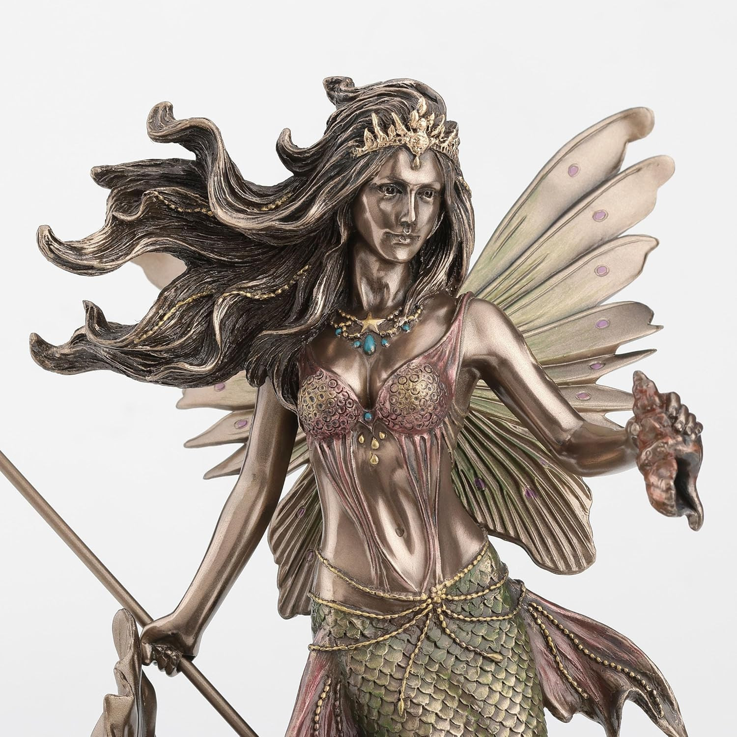 Queen Mermaid Fairy Sculpture with Trident – 9.1 Inch Bronze Finish Decor