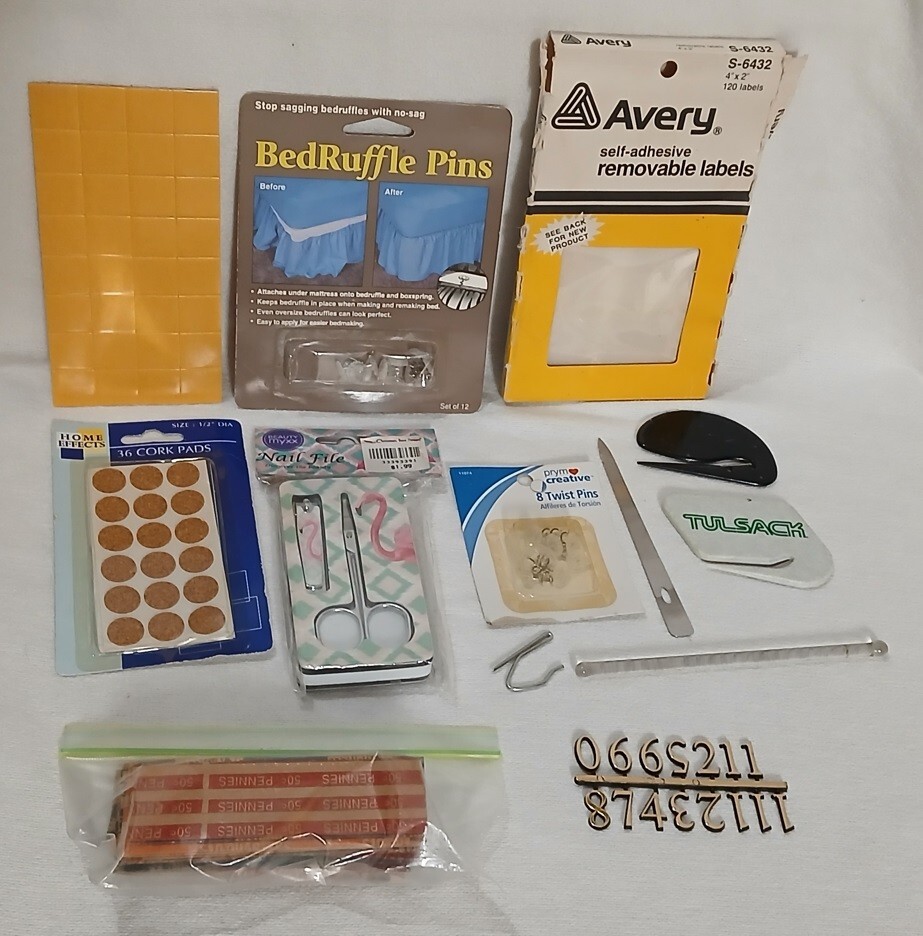 Junk Drawer Lot Empty Coin Roll Labels Pins New Nail Kit Paper Cutter Plus Plus