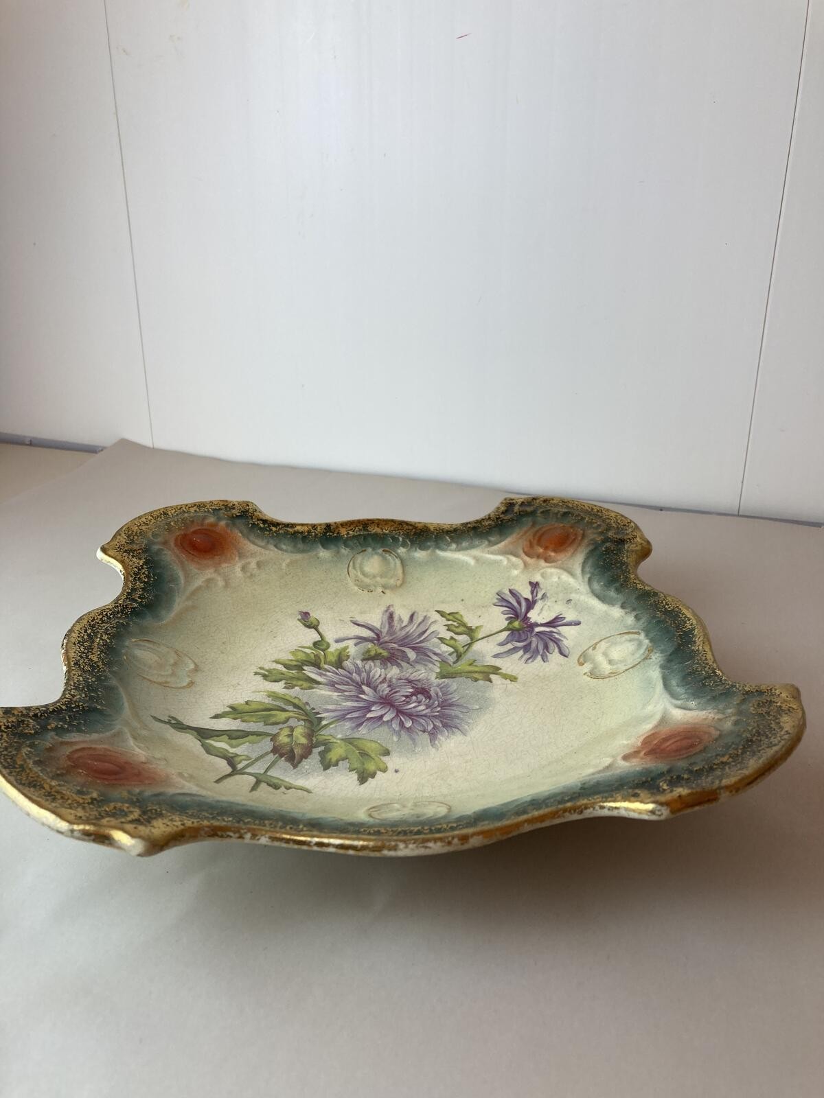 Hand-Painted Porcelain Cabinet Plate Purple Chrysanthemums Gold Gilt Teal Edge