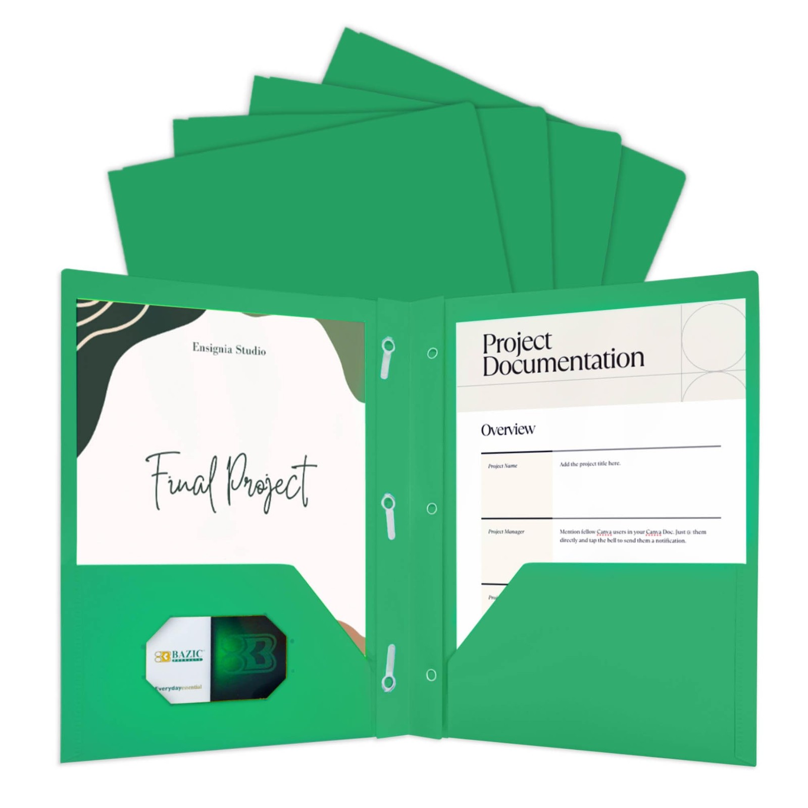 BAZIC 2-Pocket Poly Folder, 3-Prong Fastener, Letter Size, Green, 1-Count